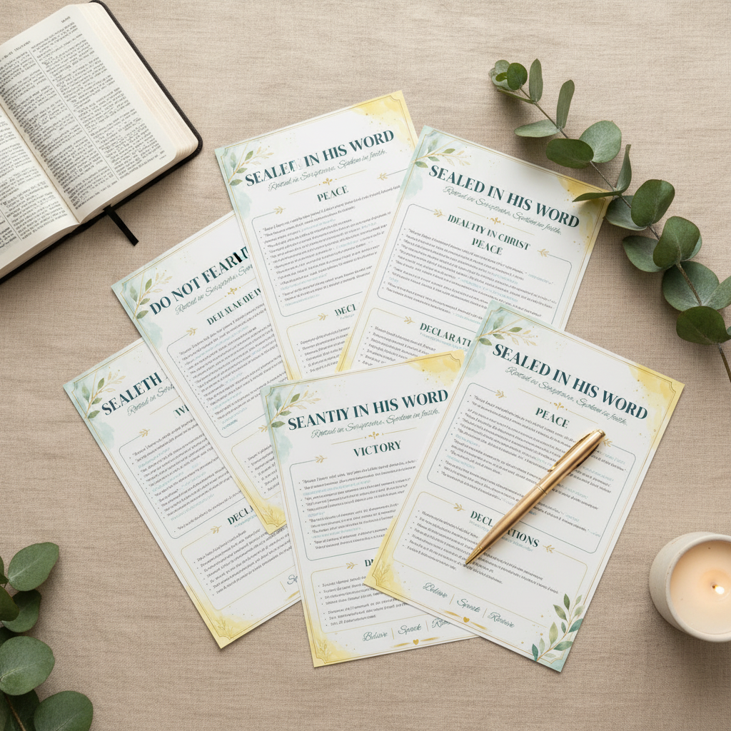 Sealed in His Word — Faith Declaration Cards lifestyle flat lay collage