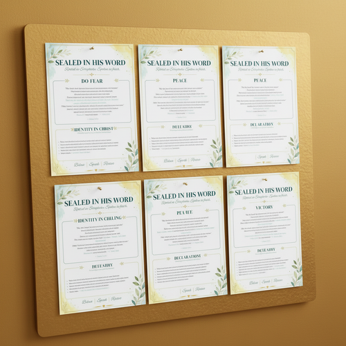 Sealed in His Word — Faith Declaration Cards on gold background moodboard