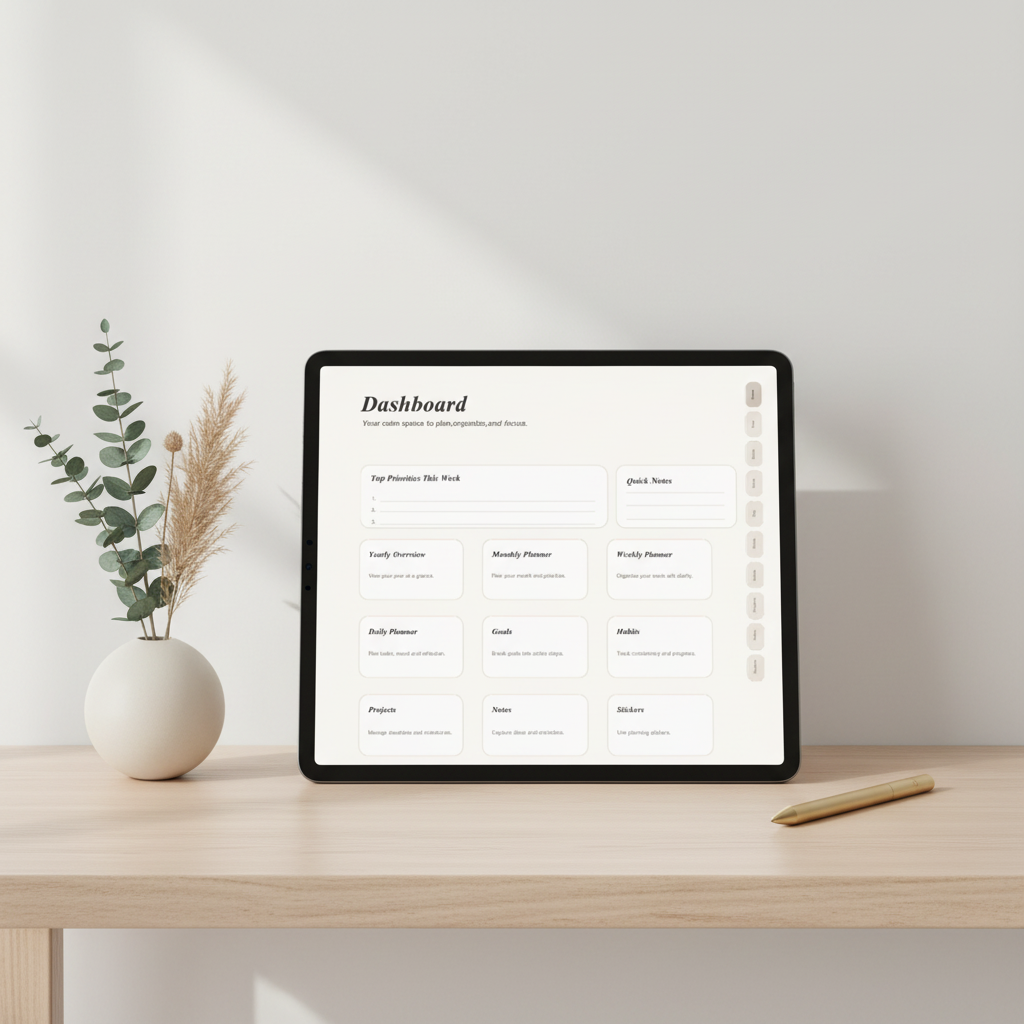 Productivity Daily Planner on iPad styled desk with dried flowers
